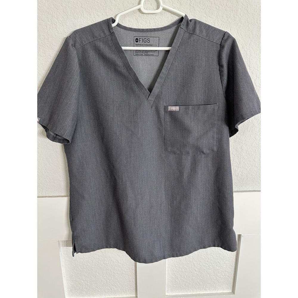 FIGS Shirt Womens Large Gray Heathered Pocket Scrub Top FW1000 V-Neck